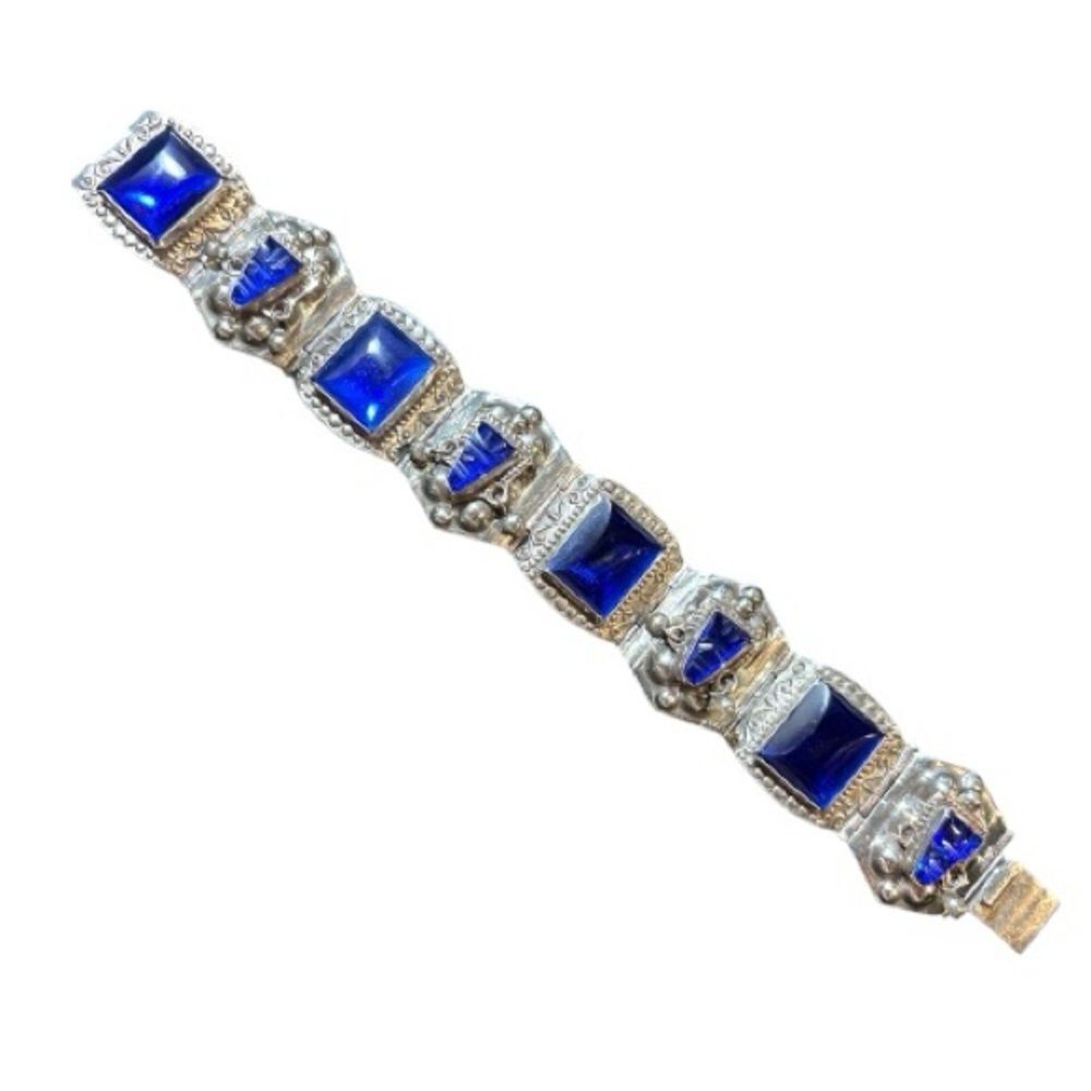 Vintage Taxco Sterling Silver & Blue Glass Bracelet
